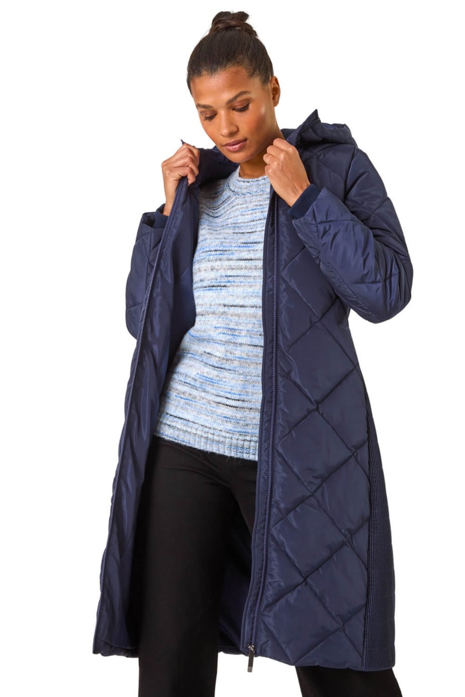 Roman Midnight Blue Longline Diamond Quilt Coat