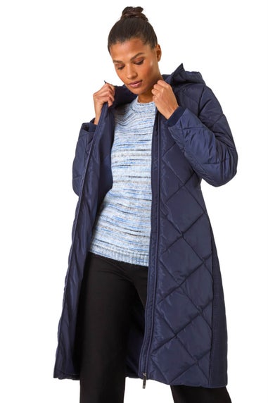 Roman Midnight Blue Longline Diamond Quilt Coat