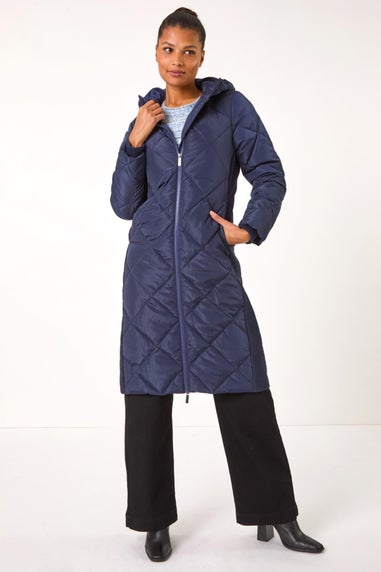 Roman Midnight Blue Longline Diamond Quilt Coat