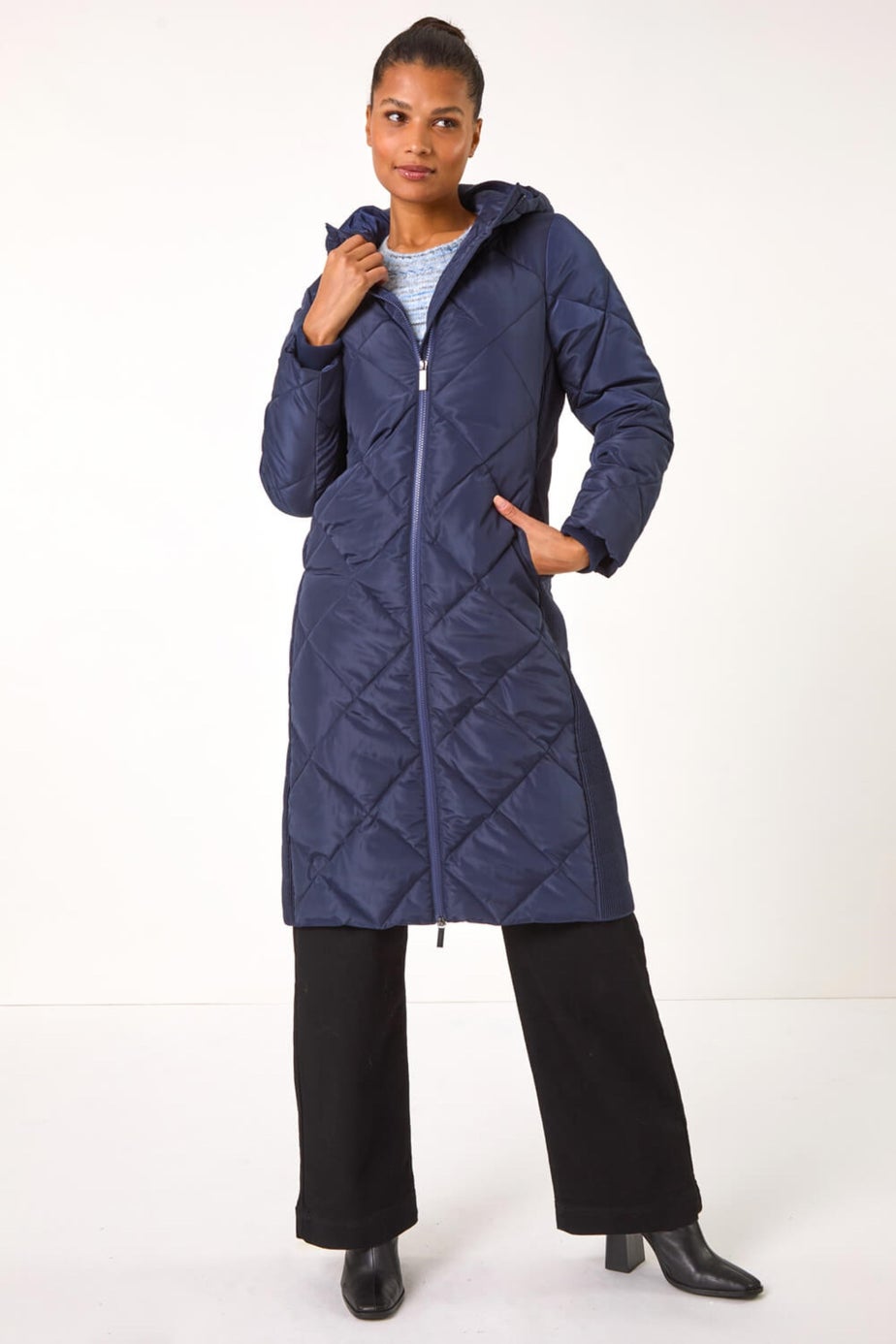 Roman Midnight Blue Longline Diamond Quilt Coat