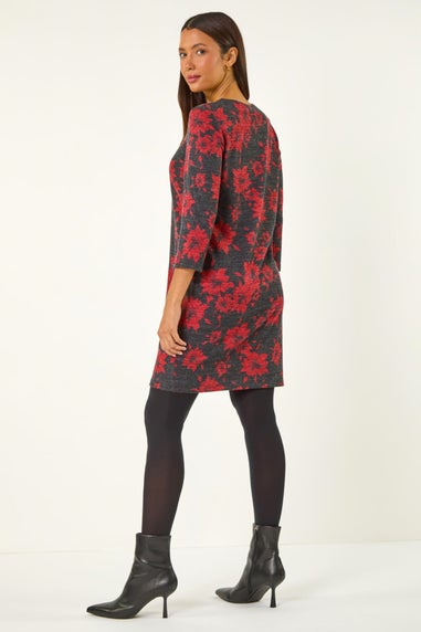 Roman Red Floral Print Pocket Shift Stretch Dress