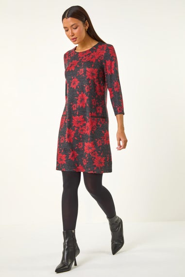 Roman Red Floral Print Pocket Shift Stretch Dress