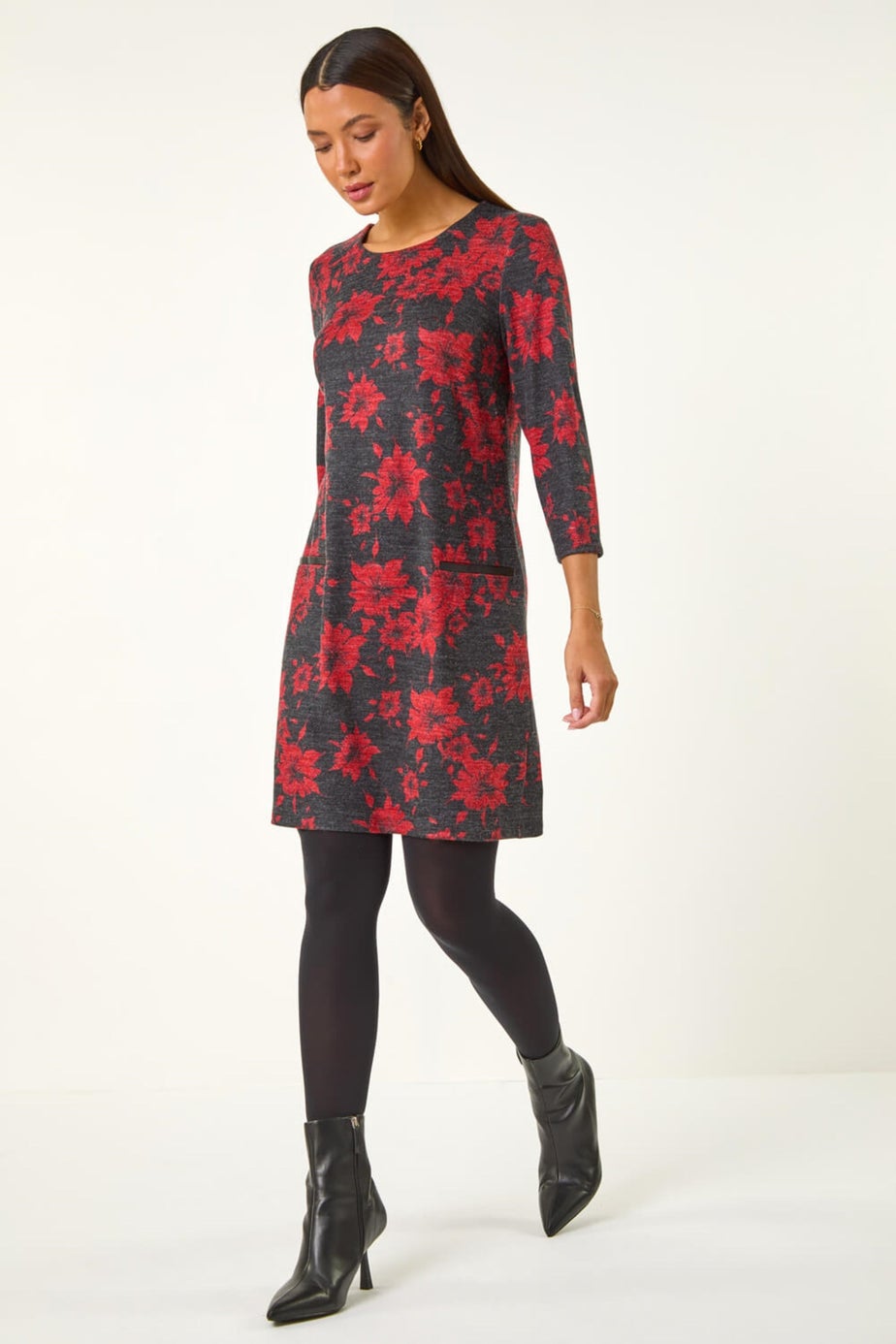 Roman Red Floral Print Pocket Shift Stretch Dress