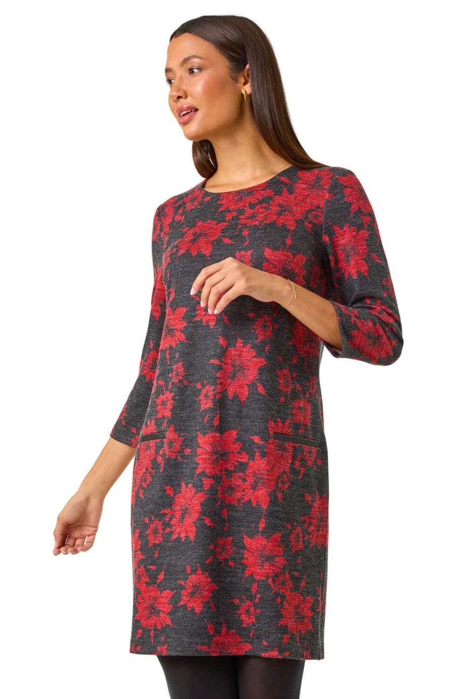 Roman Red Floral Print Pocket Shift Stretch Dress