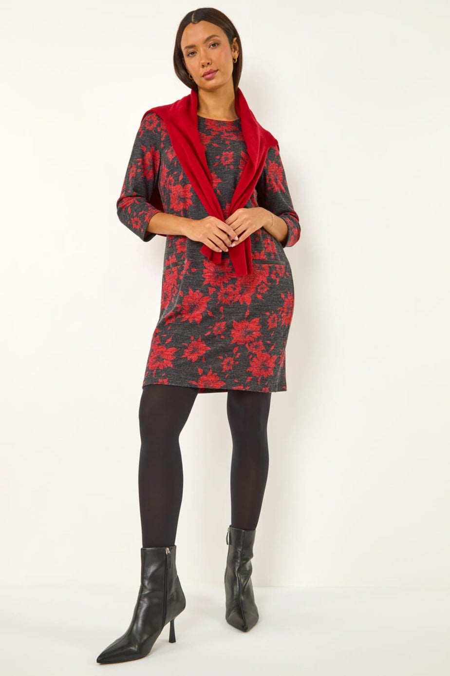 Roman Red Floral Print Pocket Shift Stretch Dress