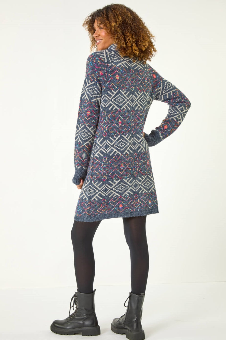 Roman Dark Grey Aztec Roll Neck Knitted Dress