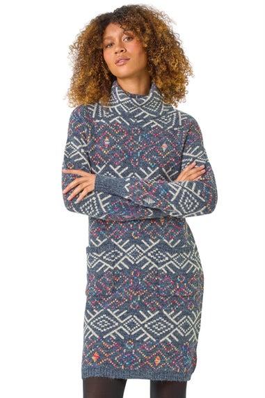 Roman Dark Grey Aztec Roll Neck Knitted Dress