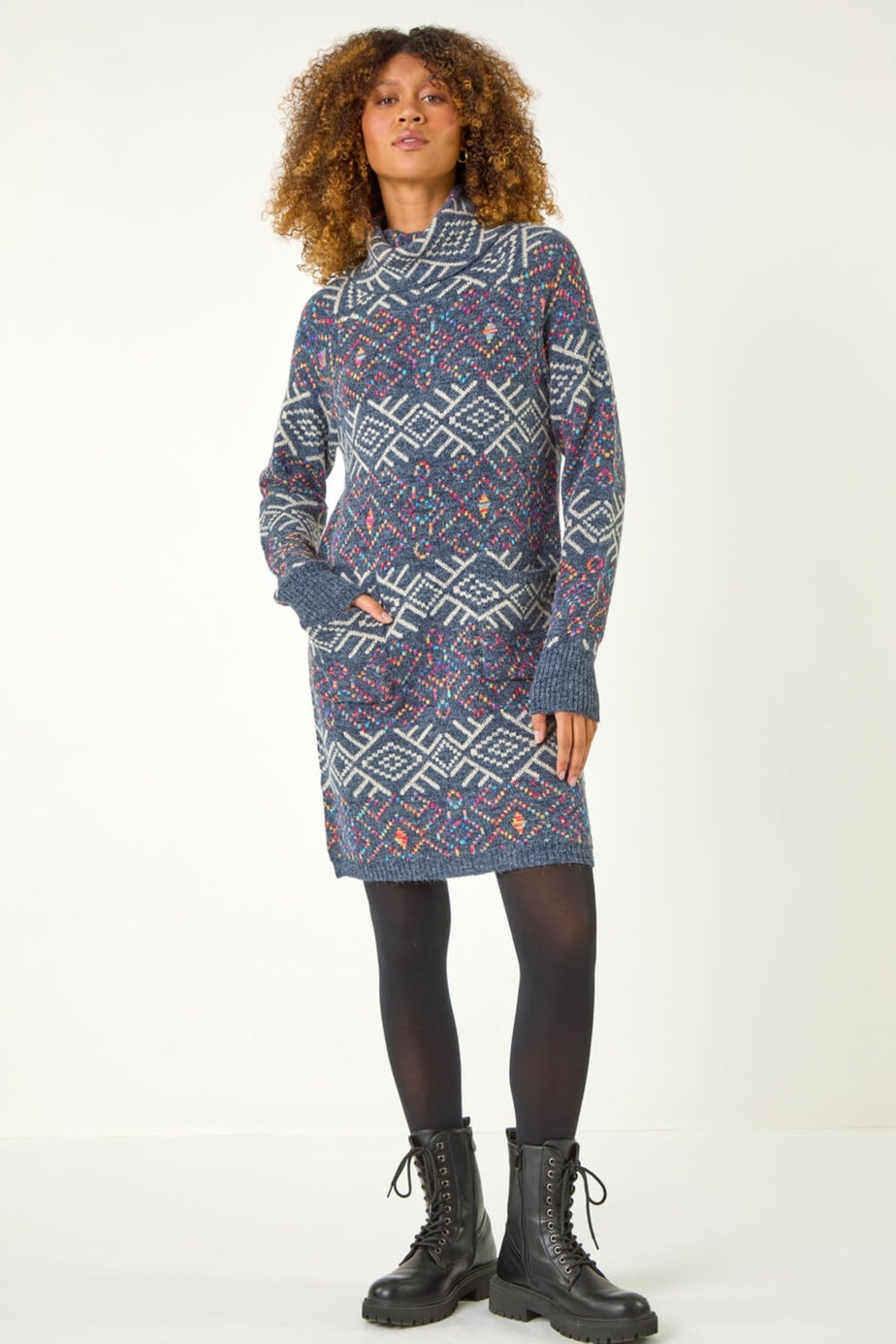 Roman Dark Grey Aztec Roll Neck Knitted Dress