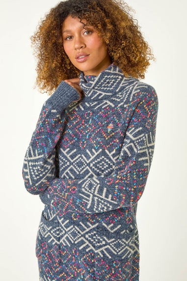 Roman Dark Grey Aztec Roll Neck Knitted Dress