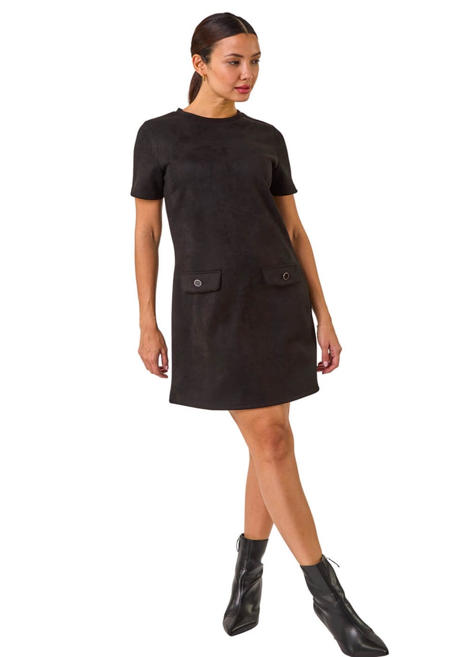 Roman Black Suedette Button Shift Stretch Dress