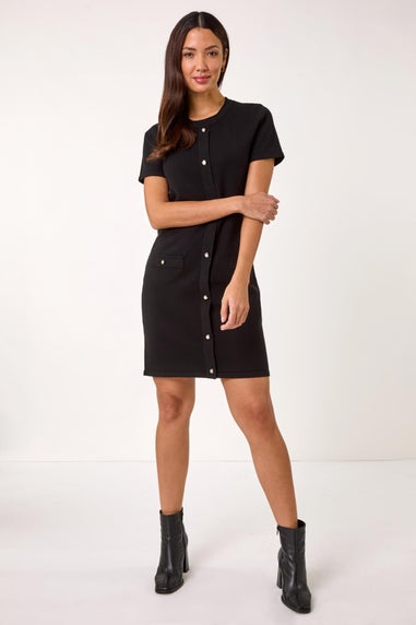 Roman Black Knitted Button Detail A-Line Dress