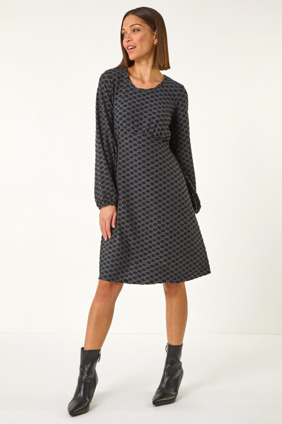 Roman Dark Grey Geometric Flocked Dress