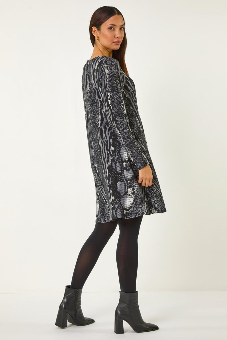 Roman Black Animal Print Stretch Swing Dress