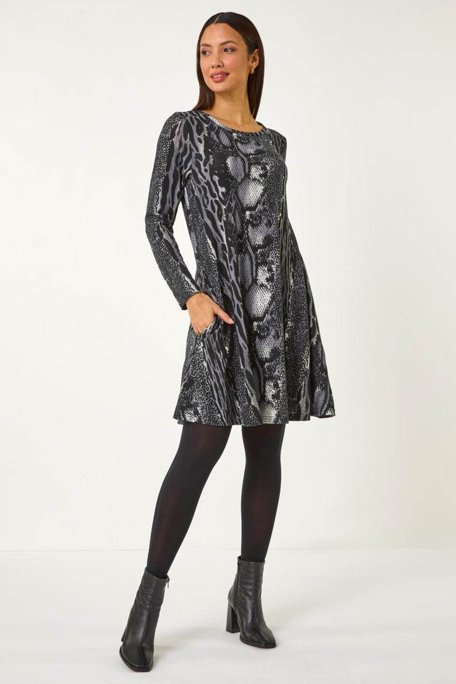 Roman Black Animal Print Stretch Swing Dress