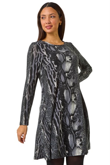Roman Black Animal Print Stretch Swing Dress