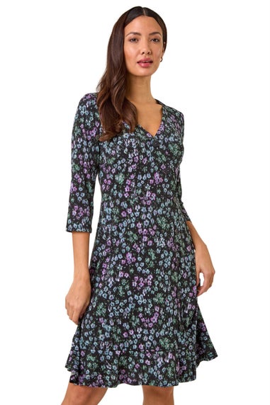 Roman Black Floral Print Side Button Stretch Dress