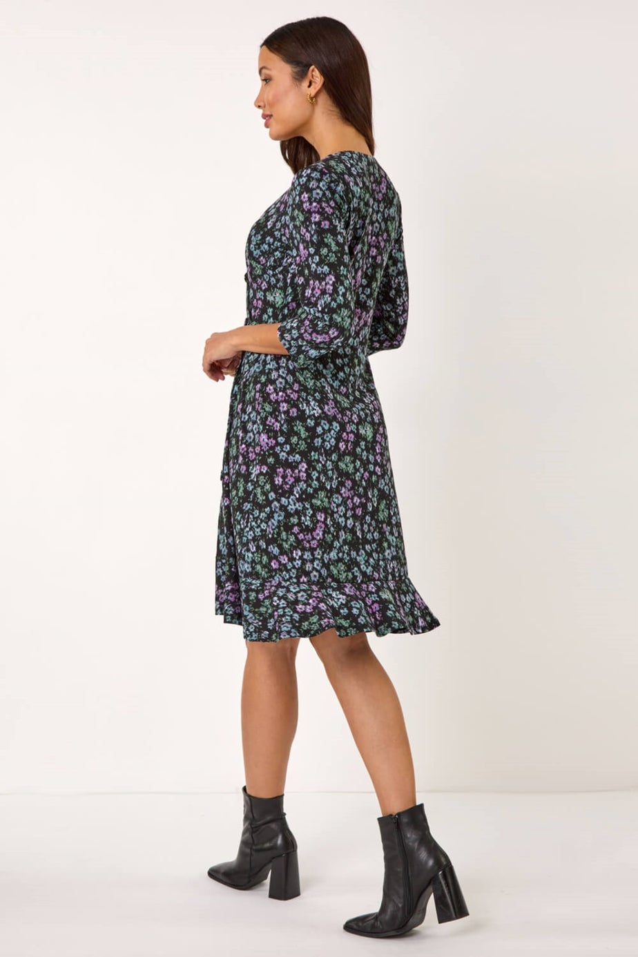 Roman Black Floral Print Side Button Stretch Dress