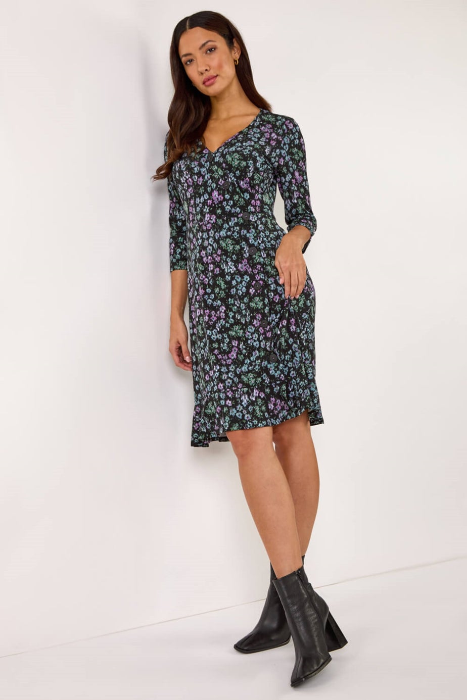 Roman Black Floral Print Side Button Stretch Dress