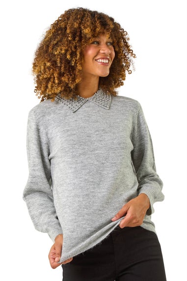 Roman Light Grey Faux Pearl Collar Jumper