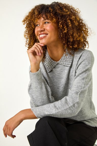 Roman Light Grey Faux Pearl Collar Jumper