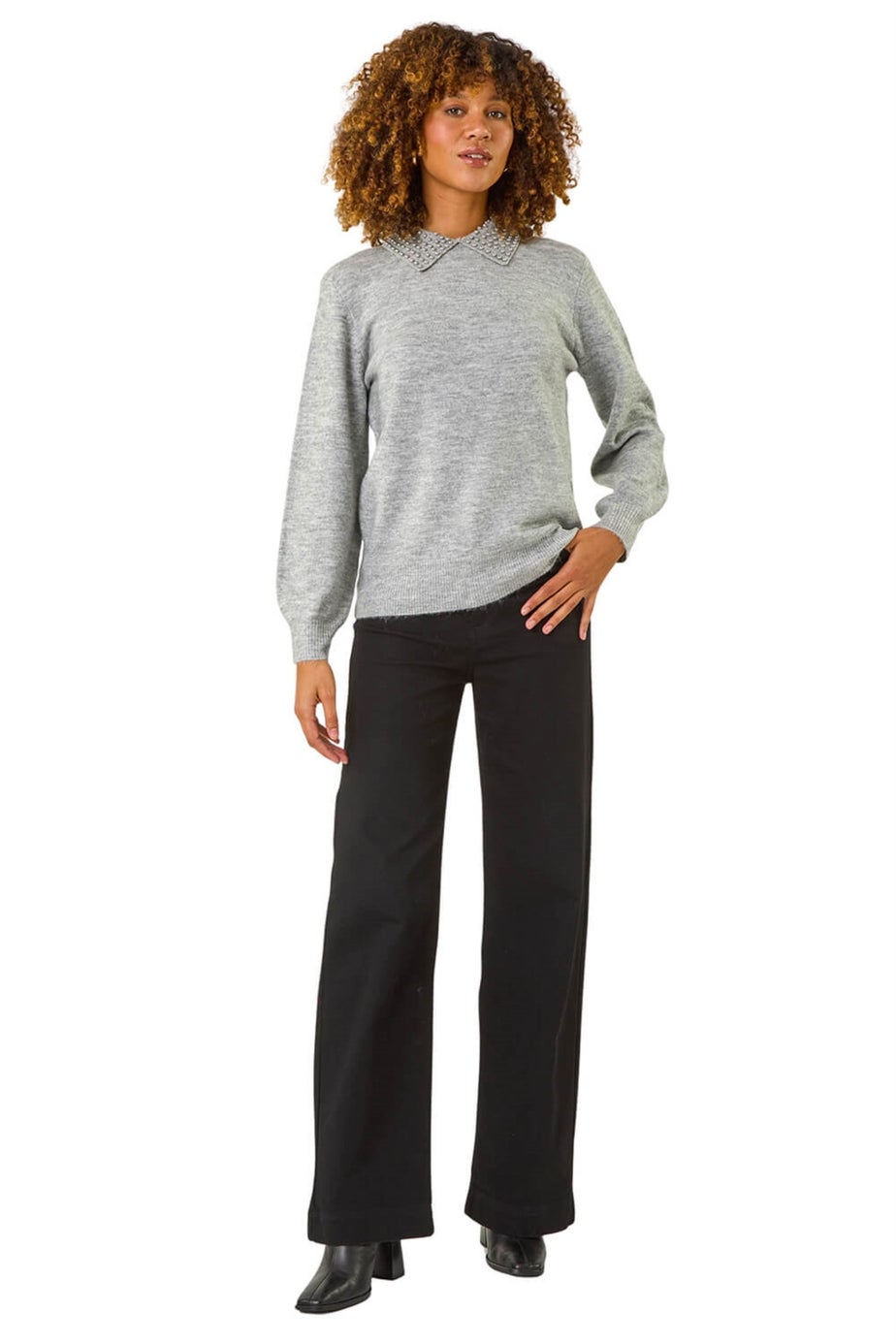 Roman Light Grey Faux Pearl Collar Jumper