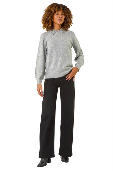 Roman Light Grey Faux Pearl Collar Jumper