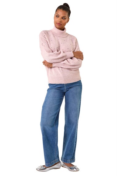 Roman Pale Pink Faux Pearl Roll Neck Knit Jumper