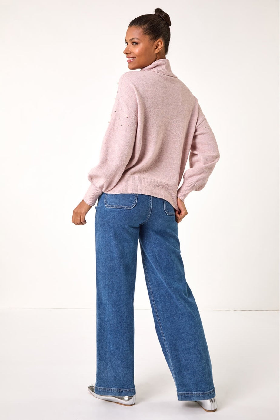 Roman Pale Pink Faux Pearl Roll Neck Knit Jumper