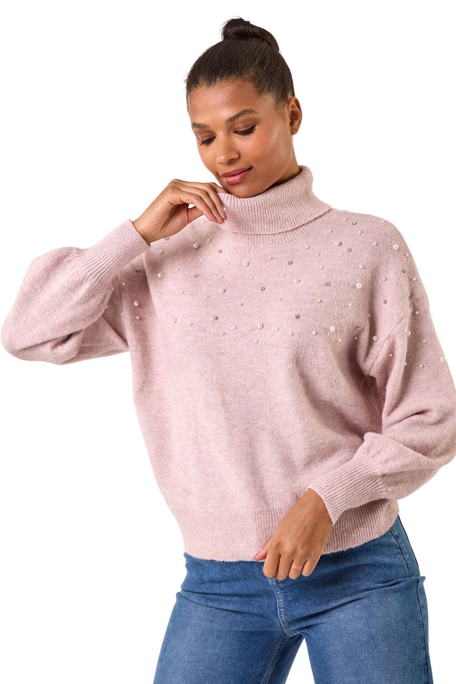 Roman Pale Pink Faux Pearl Roll Neck Knit Jumper