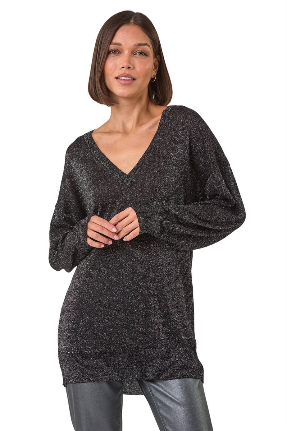 Roman Black Relaxed Stretch Shimmer V-Neck Jumper
