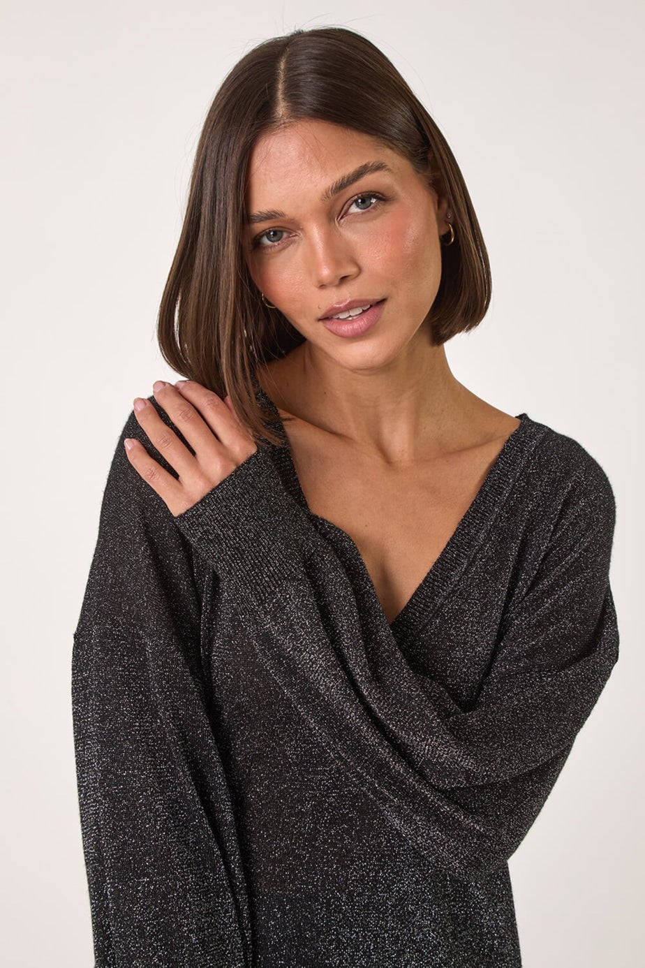 Roman Black Relaxed Stretch Shimmer V-Neck Jumper