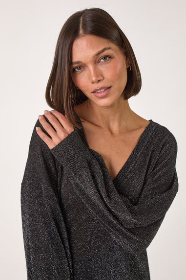 Roman Black Relaxed Stretch Shimmer V-Neck Jumper