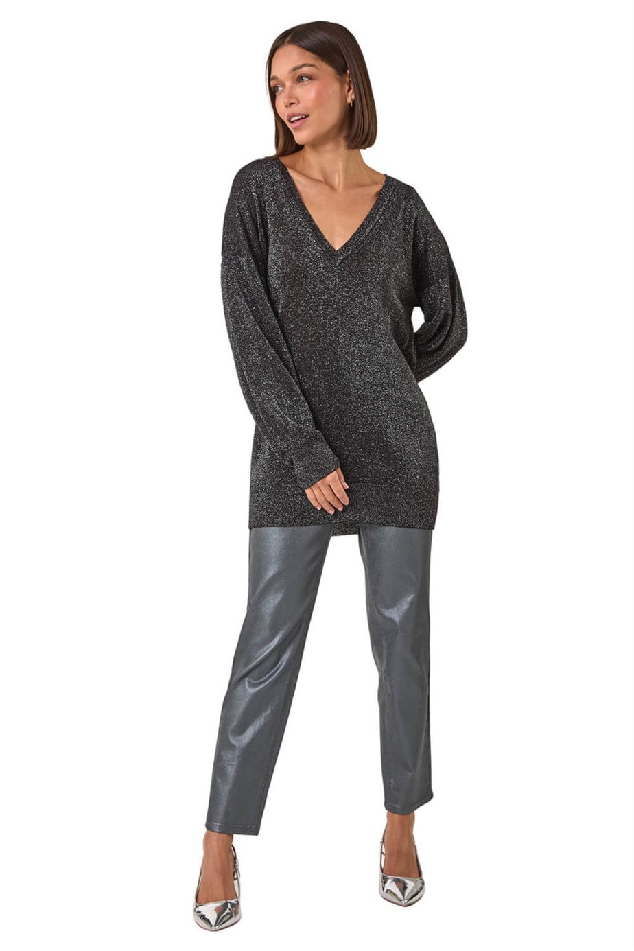 Roman Black Relaxed Stretch Shimmer V-Neck Jumper