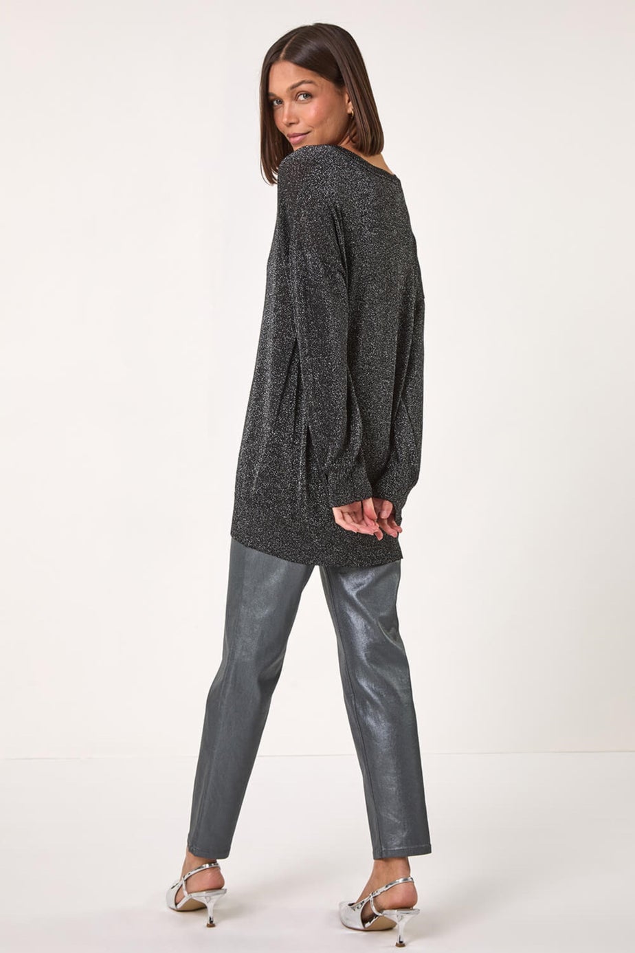 Roman Black Relaxed Stretch Shimmer V-Neck Jumper