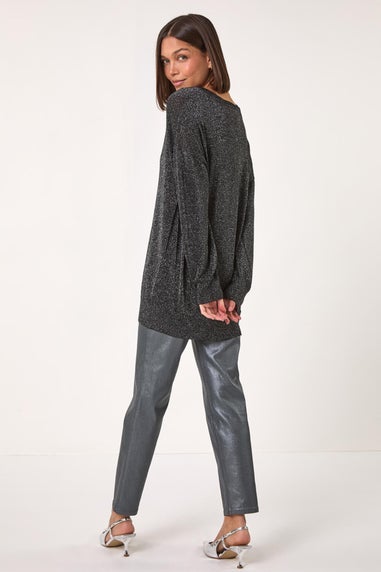 Roman Black Relaxed Stretch Shimmer V-Neck Jumper