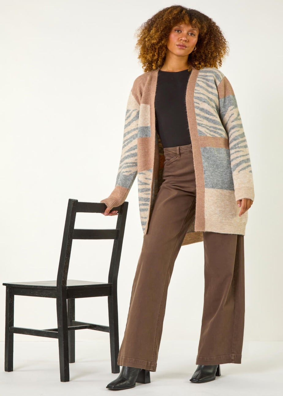Roman Natural Colour Block Animal Print Knit Cardigan