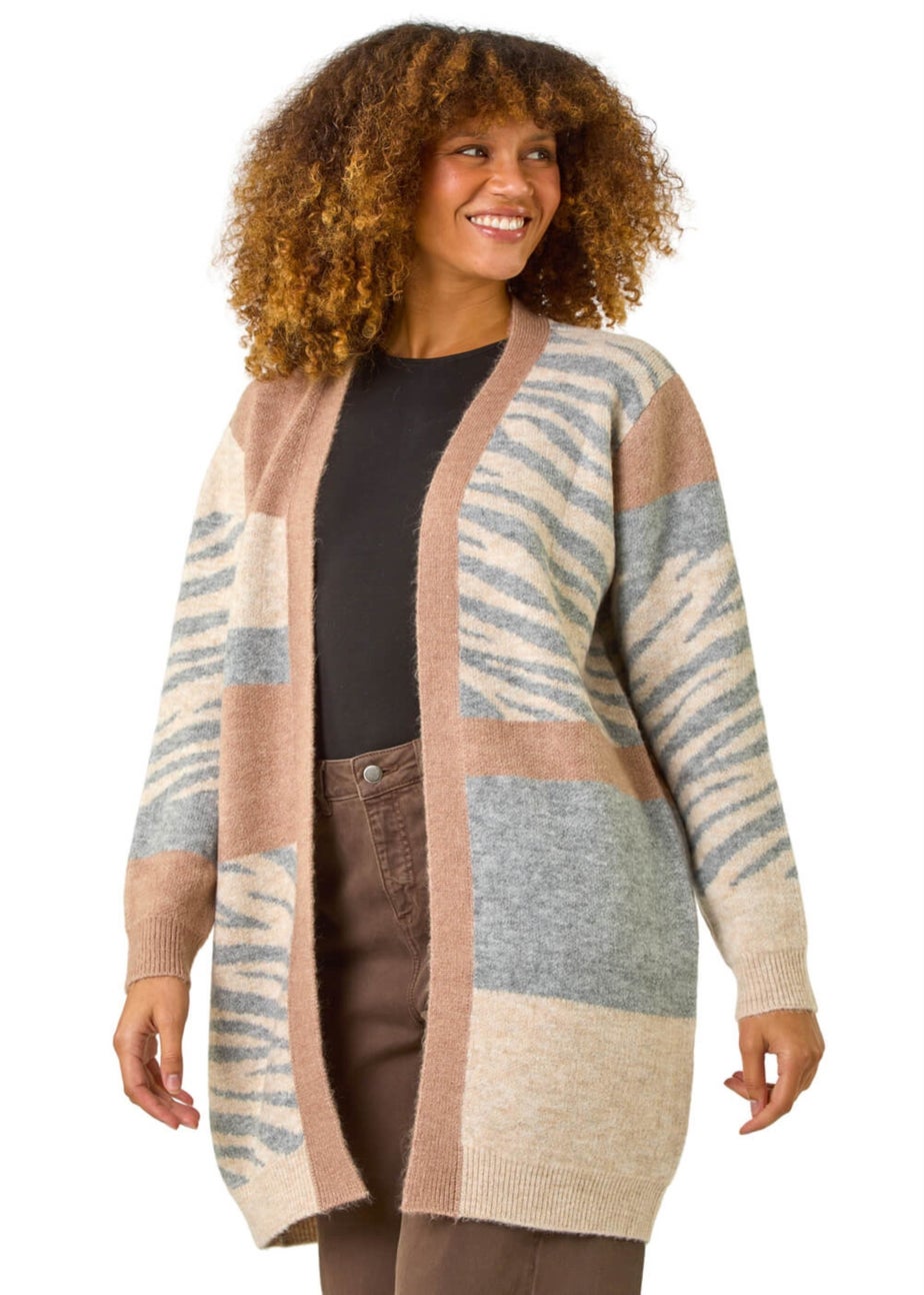 Roman Natural Colour Block Animal Print Knit Cardigan
