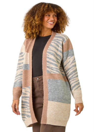 Roman Natural Colour Block Animal Print Knit Cardigan