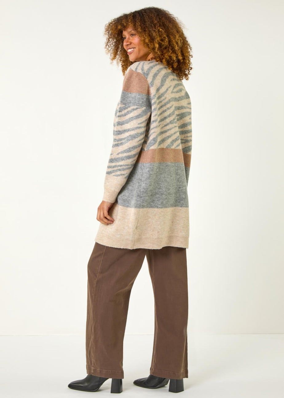 Roman Natural Colour Block Animal Print Knit Cardigan
