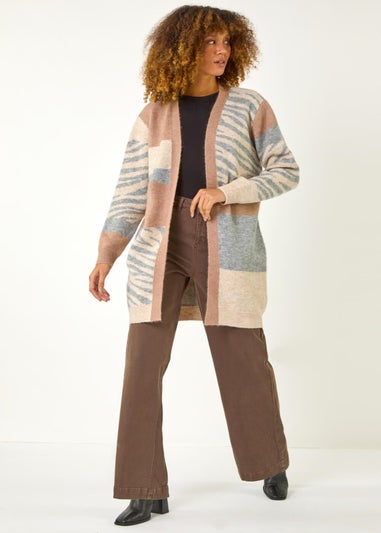 Roman Natural Colour Block Animal Print Knit Cardigan
