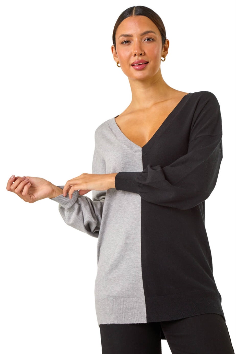 Roman Grey V-Neck Colour Block Knit Jumper