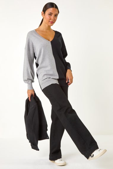 Roman Grey V-Neck Colour Block Knit Jumper