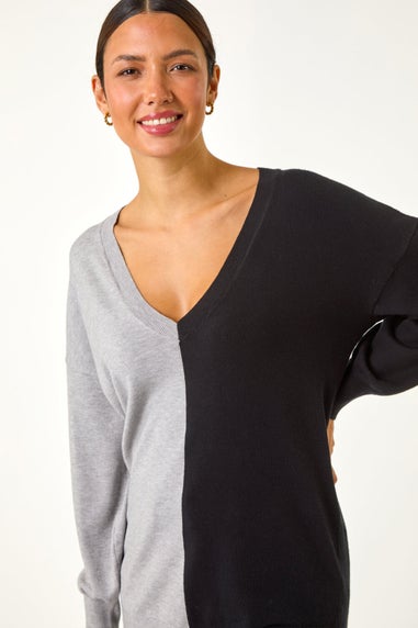 Roman Grey V-Neck Colour Block Knit Jumper