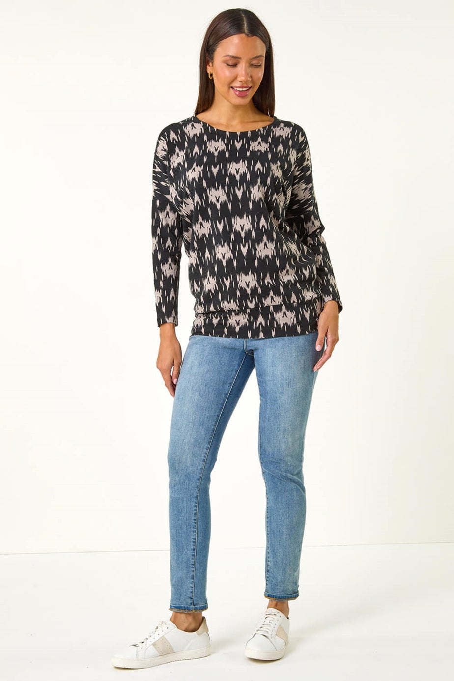 Roman Dark Grey Abstract Print Round Neck Top