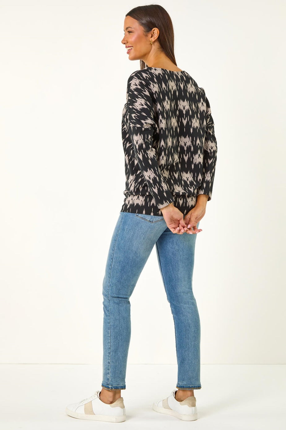 Roman Dark Grey Abstract Print Round Neck Top