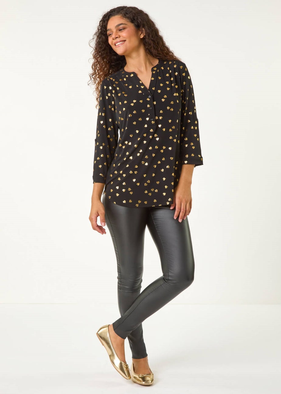 Roman Gold Foil Heart Placket Stretch Top