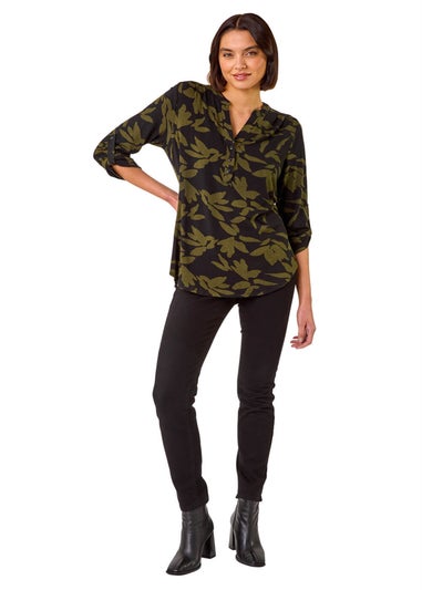 Roman Khaki Leaf Print Buttoned Stretch Shirt