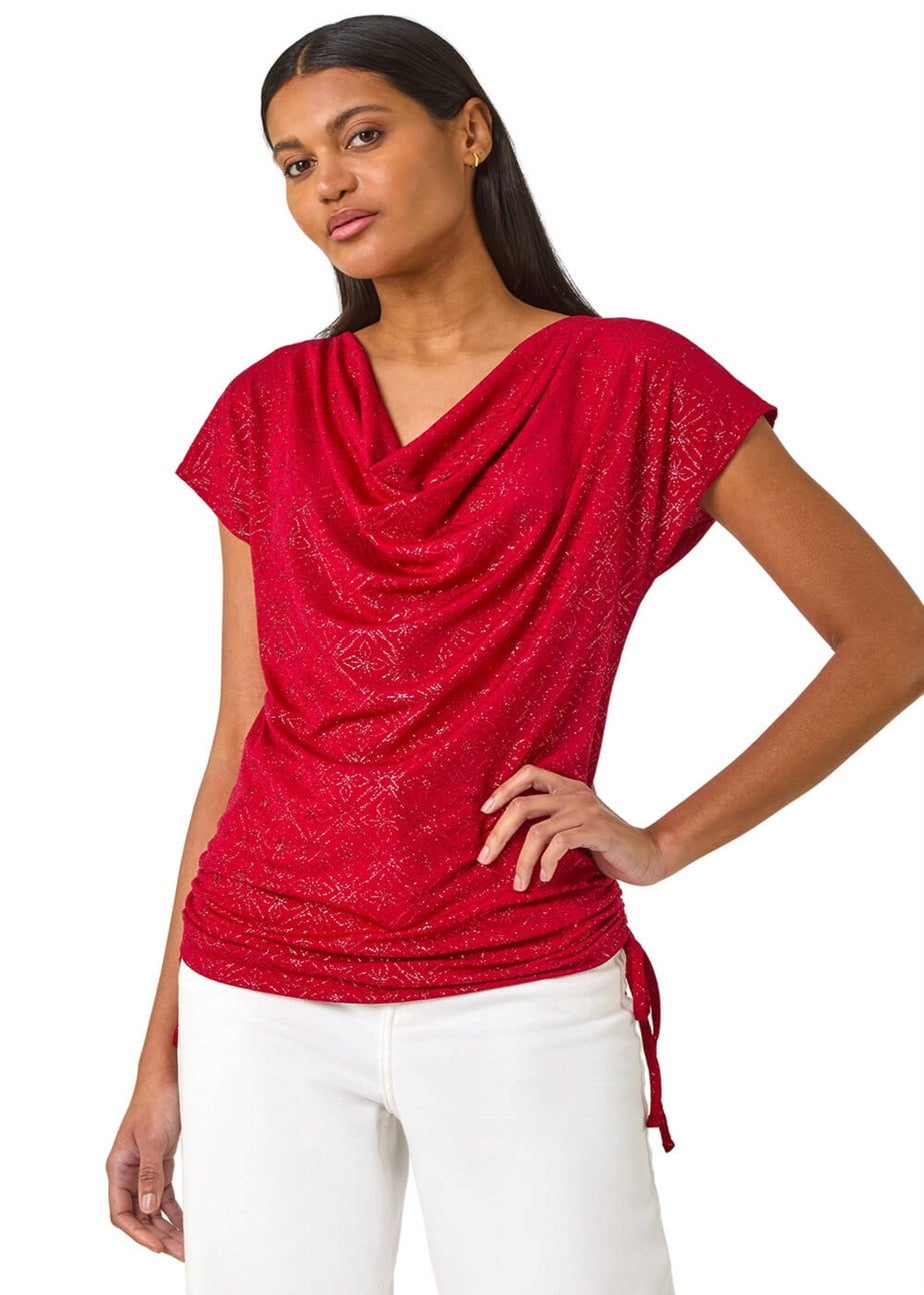 Roman Red Sparkle Cowl Neck Tie Side Top