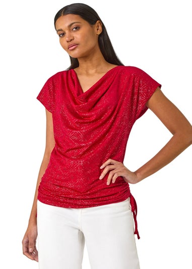 Roman Red Sparkle Cowl Neck Tie Side Top