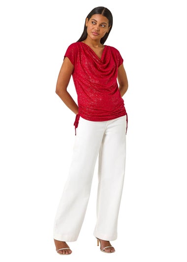Roman Red Sparkle Cowl Neck Tie Side Top
